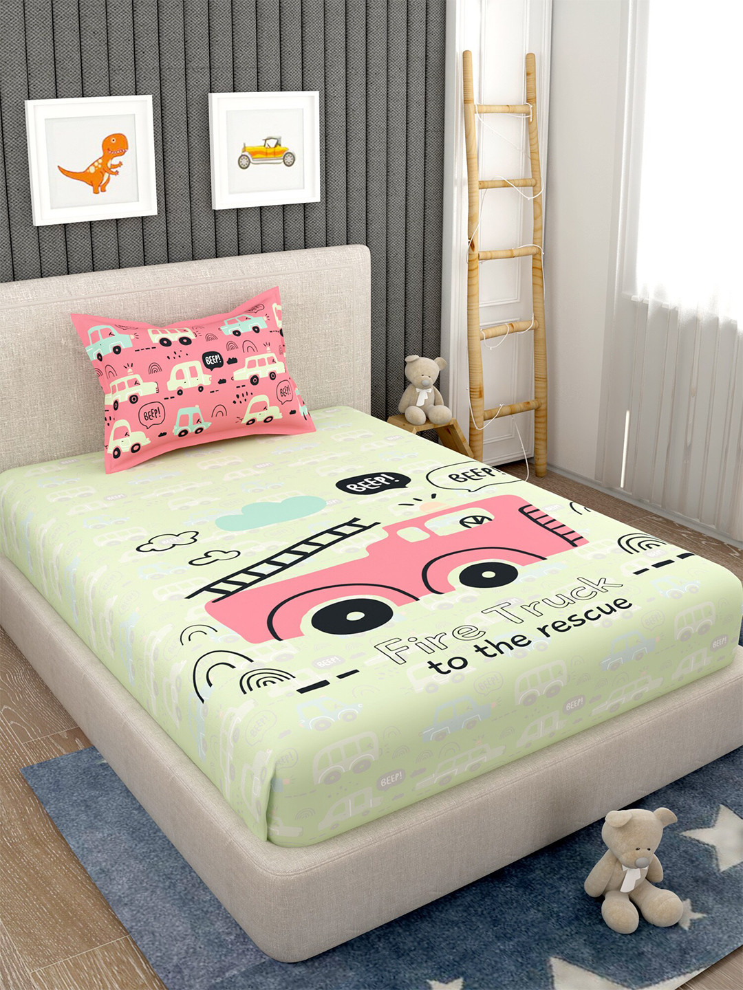 EverHOME Green & Peach Graphic 160 TC Cotton Single Bedsheet with 1 Pillow Cover