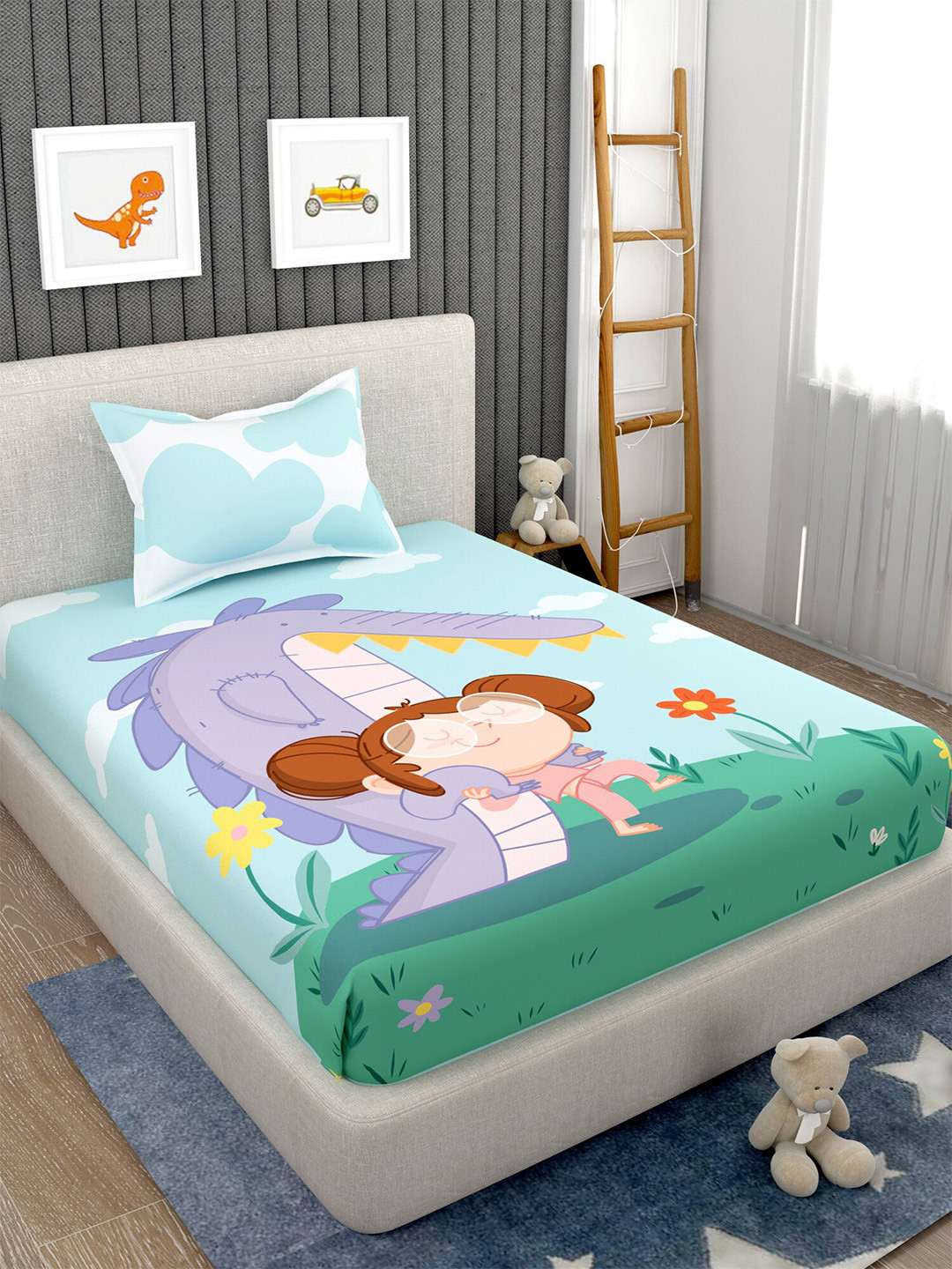EverHOME White & Purple Cartoon Characters 160 TC Single Bedsheet with 1 Pillow Covers