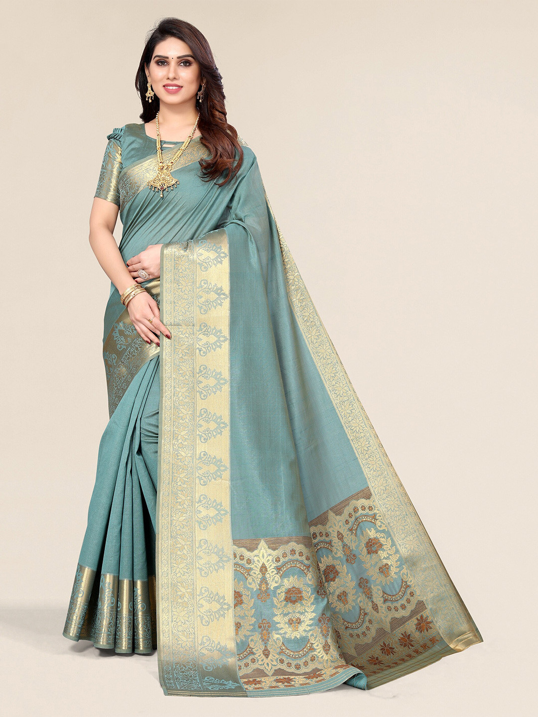 Winza Designer Blue & Gold-Toned Zari Silk Blend Saree