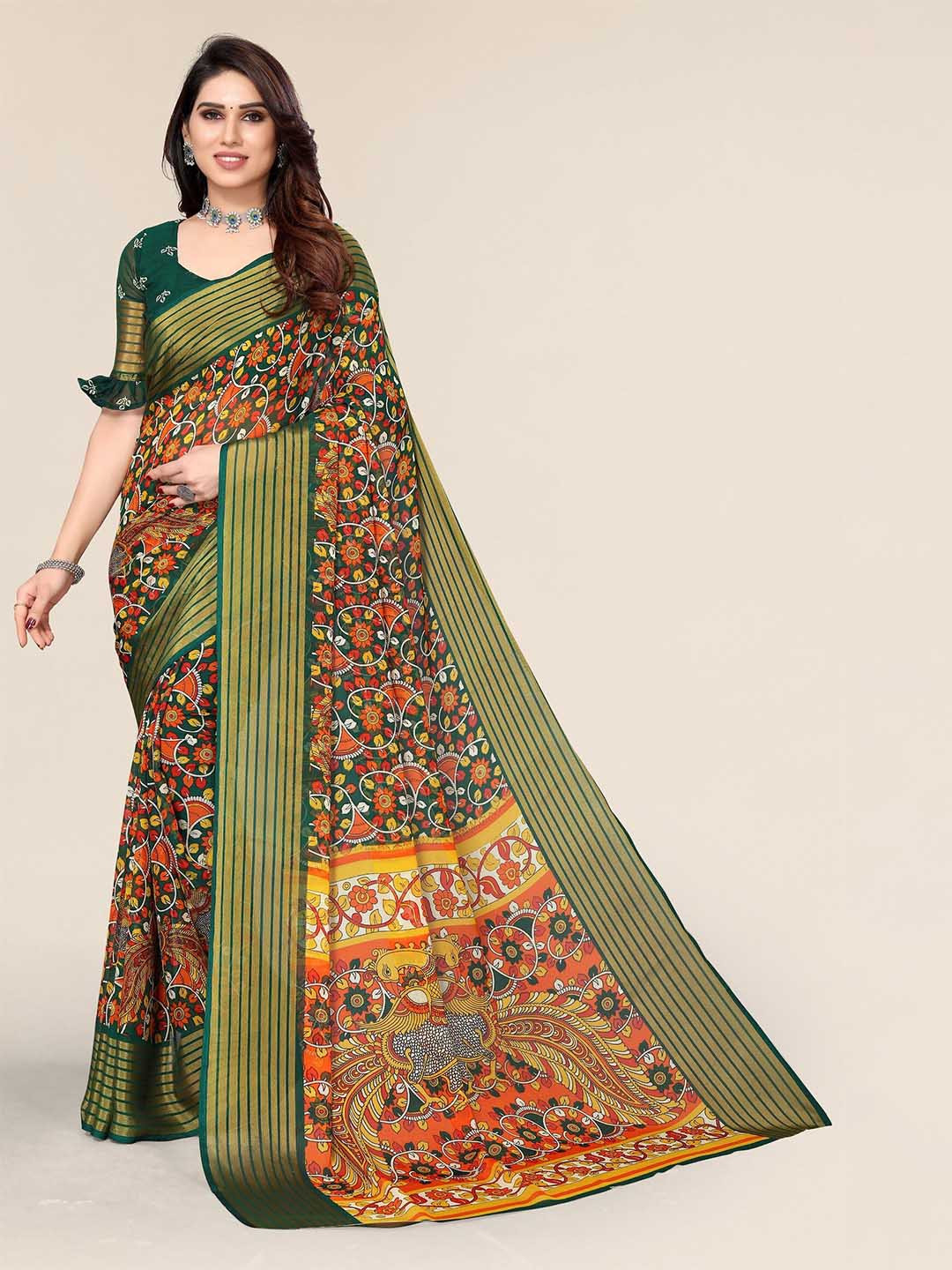 Winza Designer Green & Red Kalamkari Zari Pure Chiffon Saree