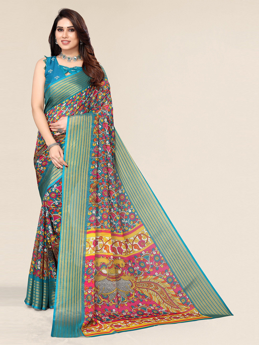 Winza Designer Teal & Yellow Floral Printed Zari Pure Chiffon Bagh Saree