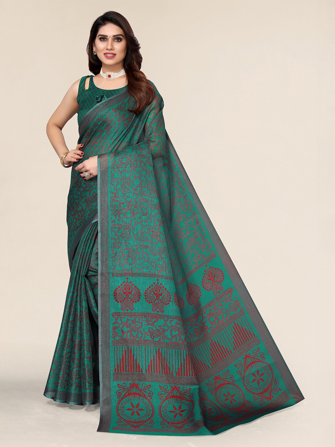 Winza Designer Teal Green & Pink Floral Saree