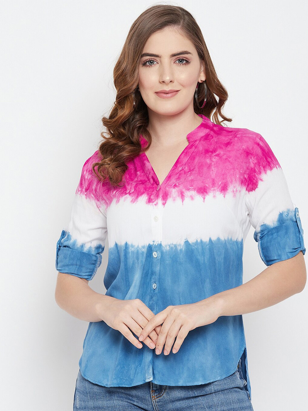 Ruhaans Women Pink & White Rayon Tie & Dye Shirt
