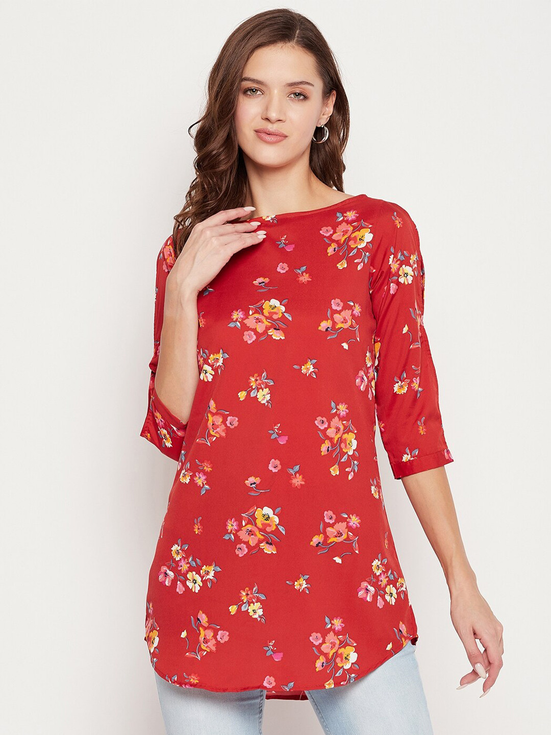 Ruhaans Red & White Boat Neck Printed Tunic