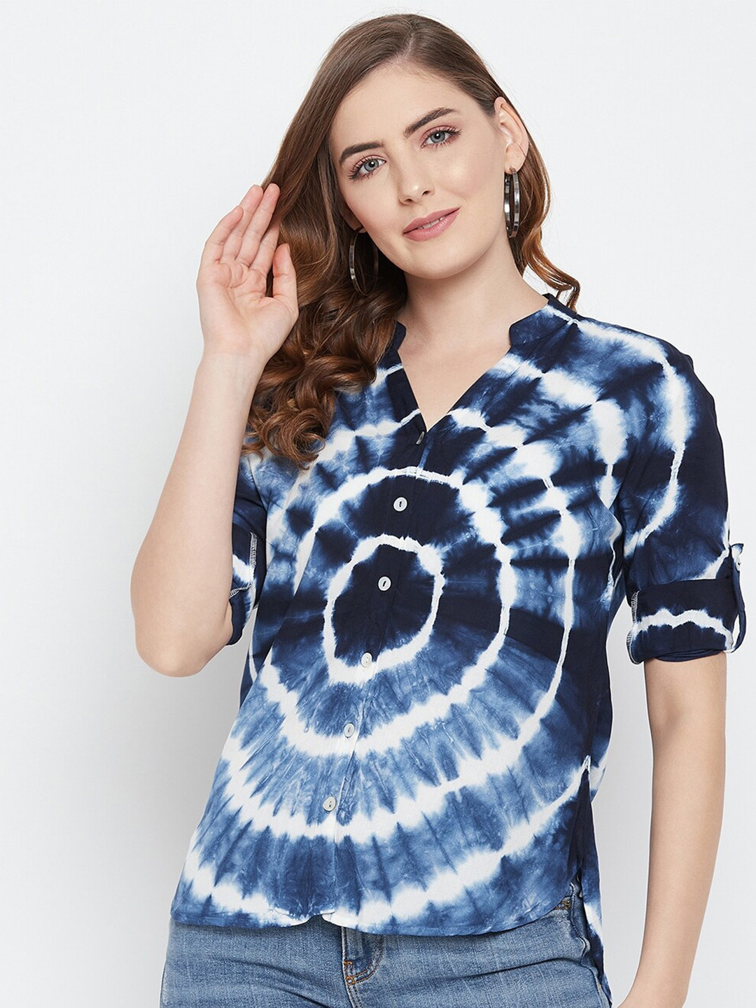 Ruhaans Blue Women Rayon Tie & Dye Shirt