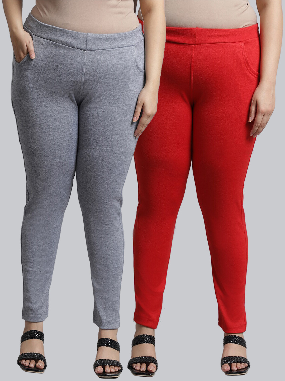 TAG 7 PLUS Women Plus Size Pack of 2 Red & Grey Solid Ankle Length Woolen Leggings