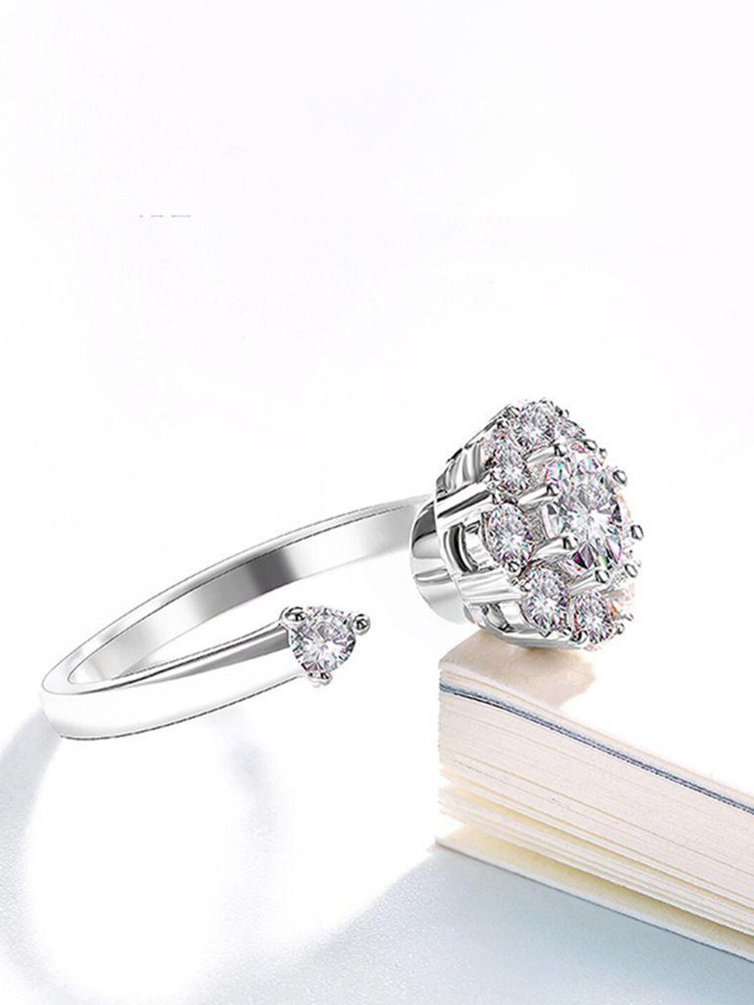 Saizen Rhodium-Plated & Silver CZ-Studded Adjustable Finger Ring
