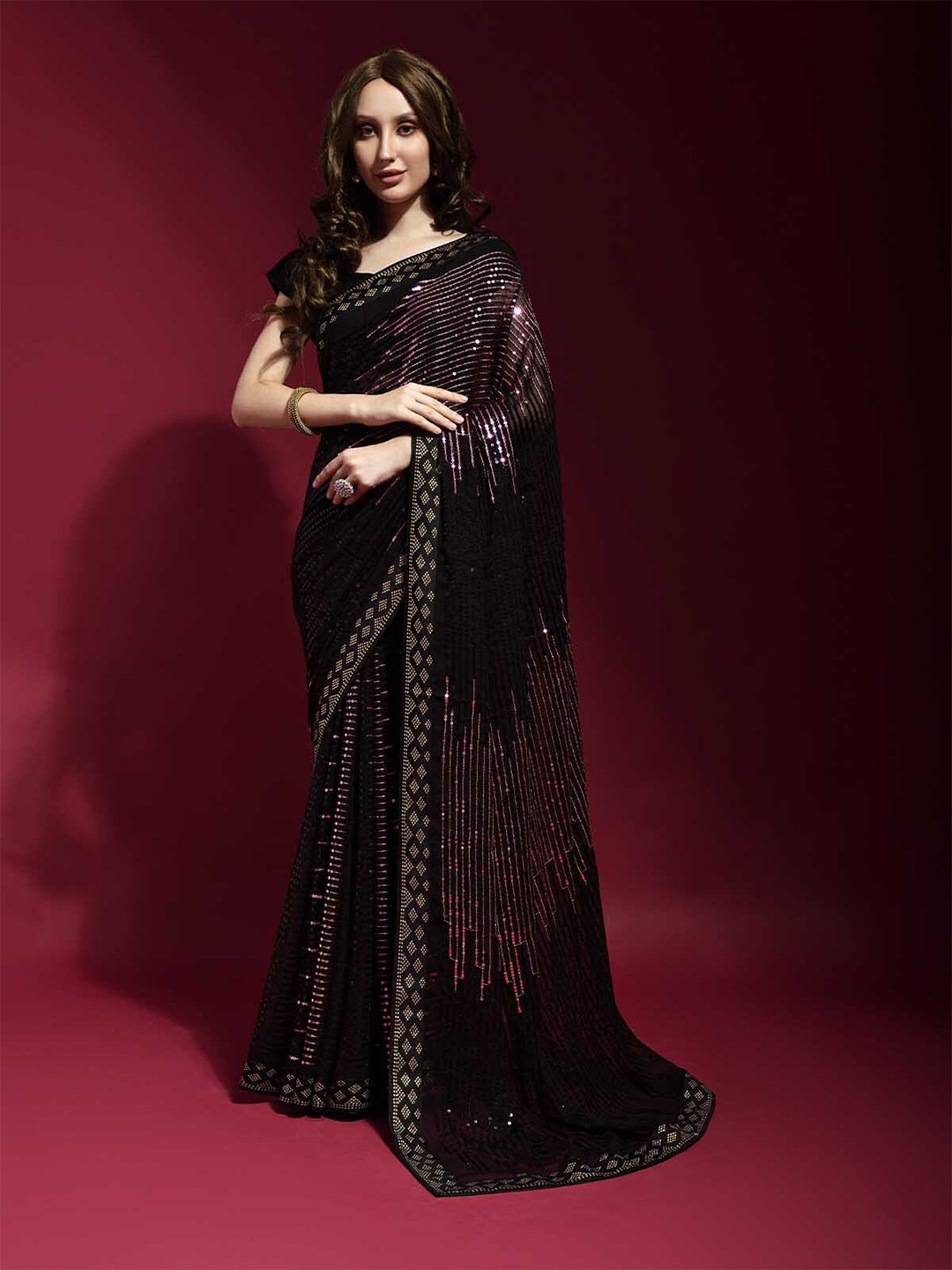 ODETTE Black & Pink Striped Embroidered Saree