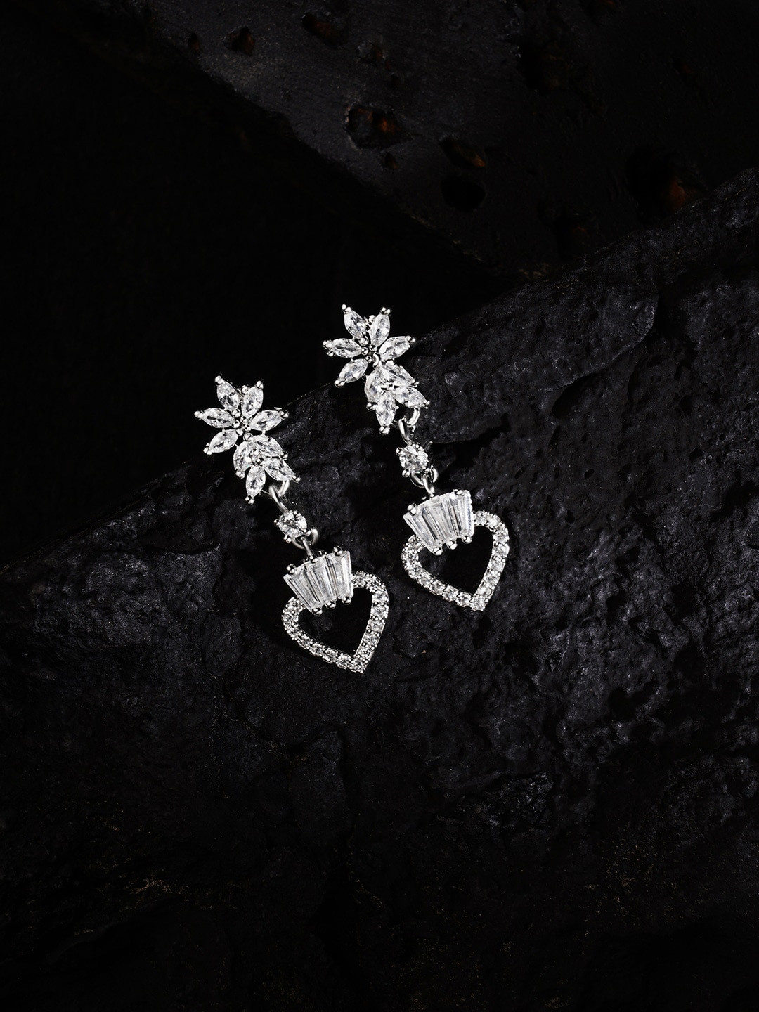 HOT AND BOLD Silver-Plated Heart Shaped Zirconia Diamond Drop Earrings