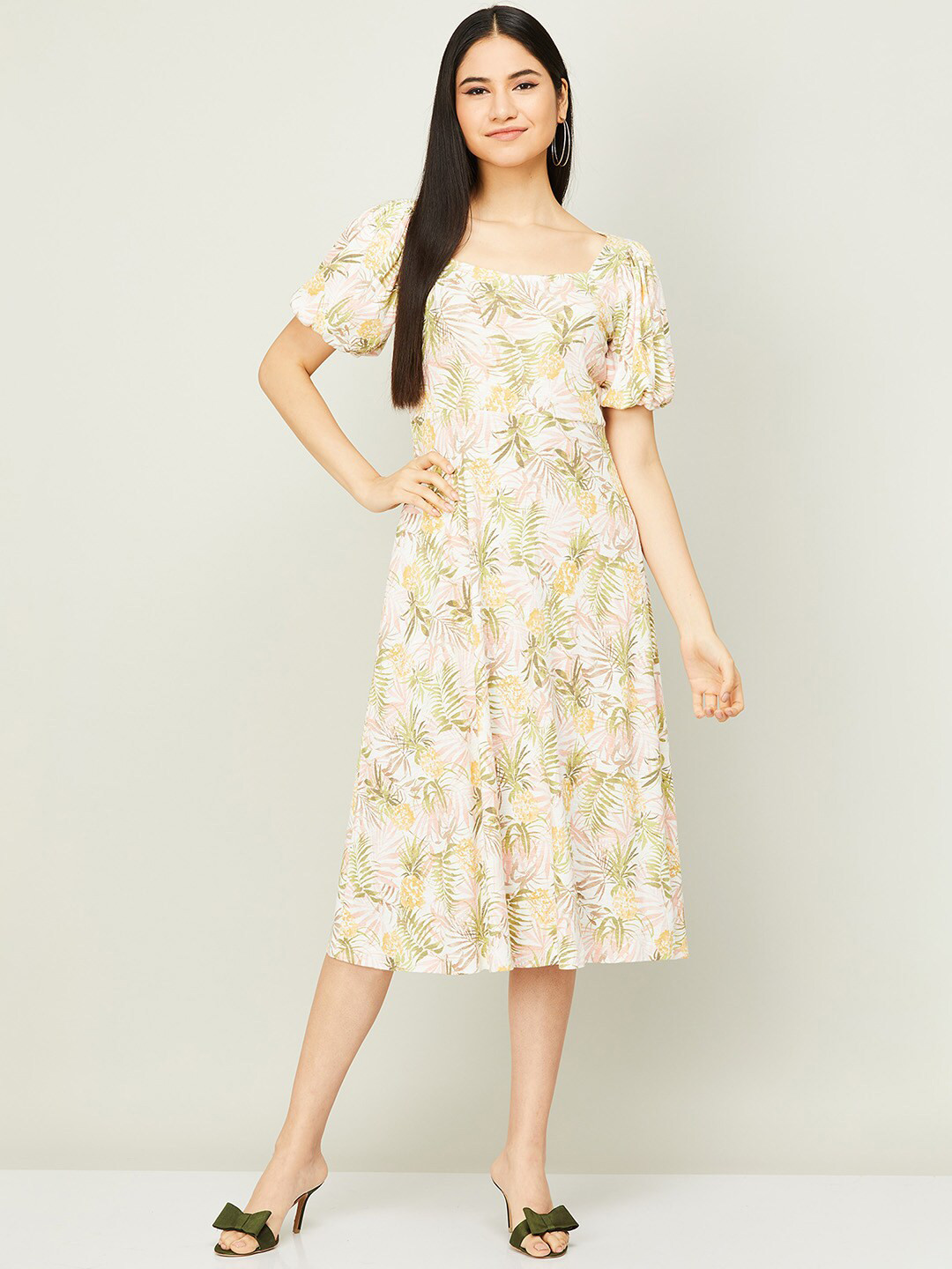 CODE by Lifestyle Beige Floral Printed Midi Dress