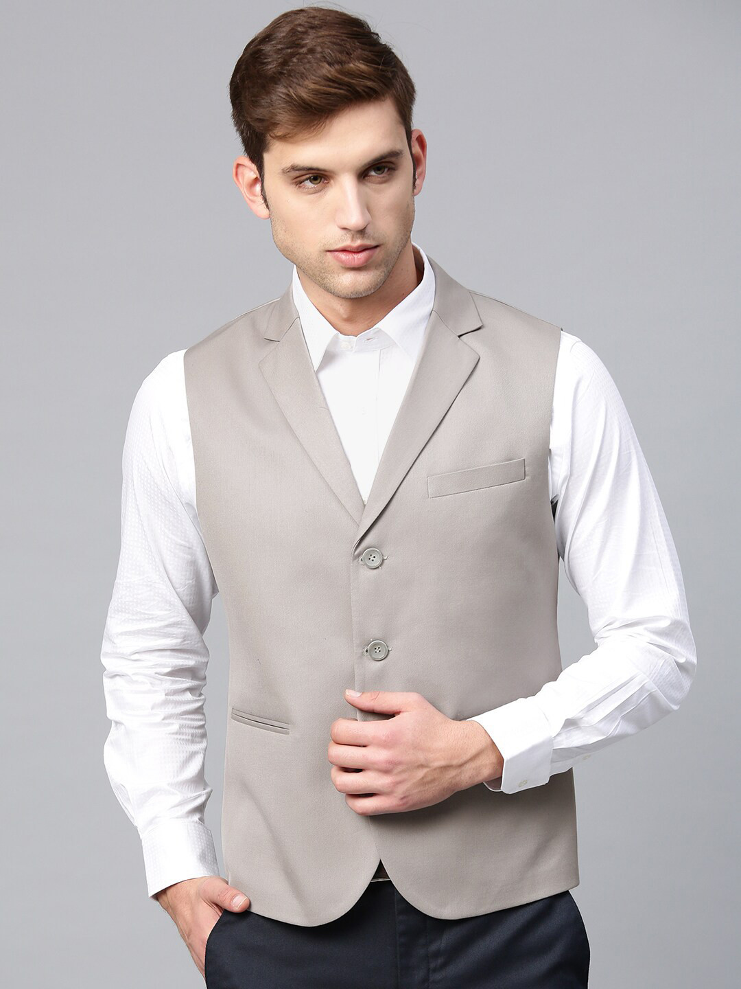 MANQ Men Beige Solid 3 Button Waistcoat