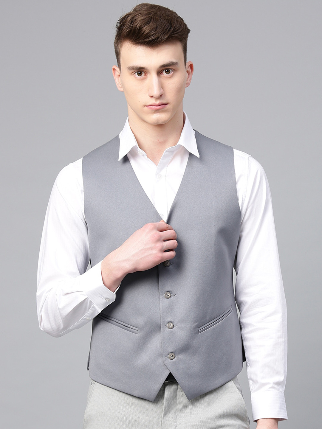 MANQ Men Grey Solid Formal Waistcoat