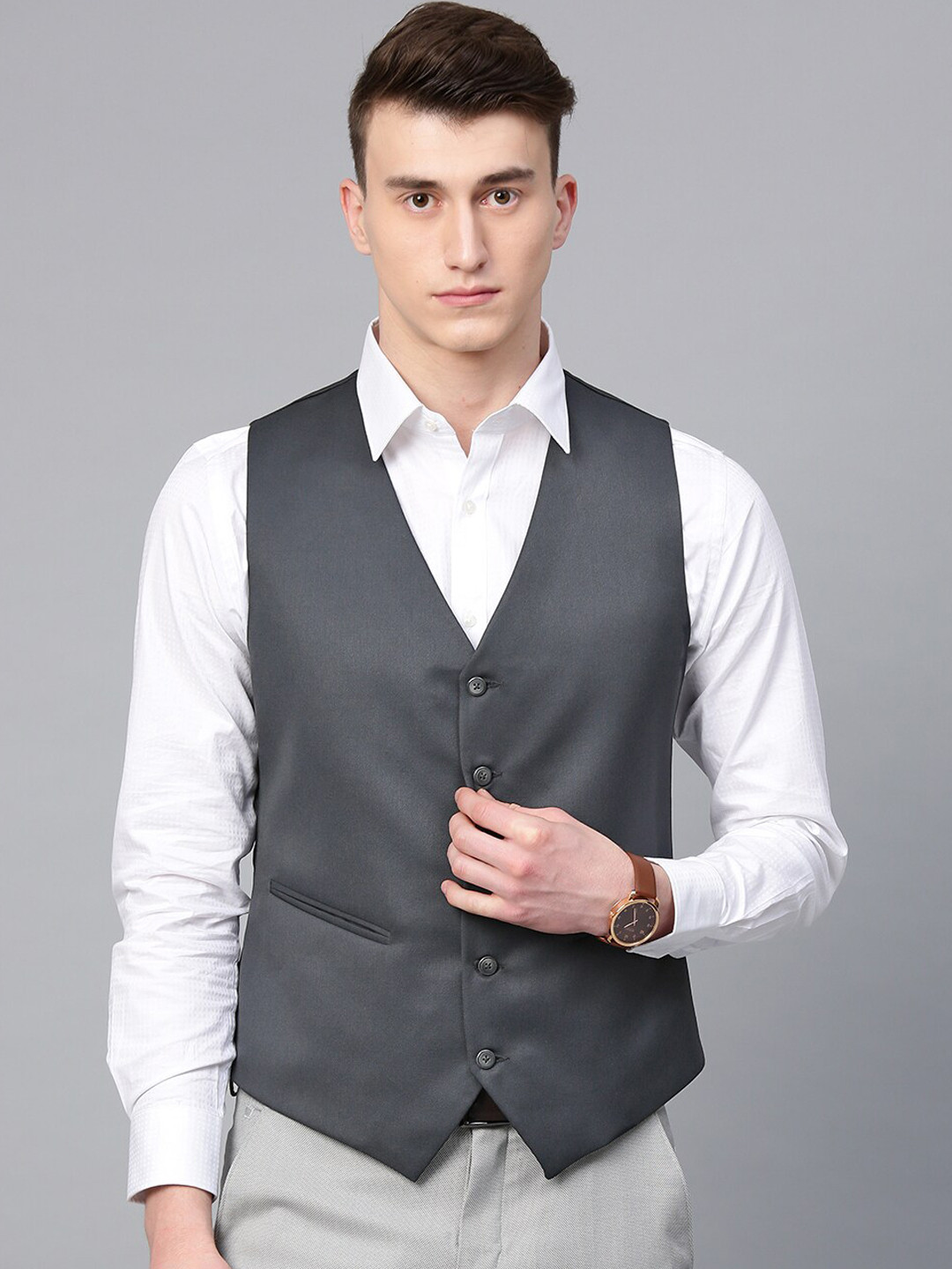 MANQ Men Grey Solid Formal Waistcoat