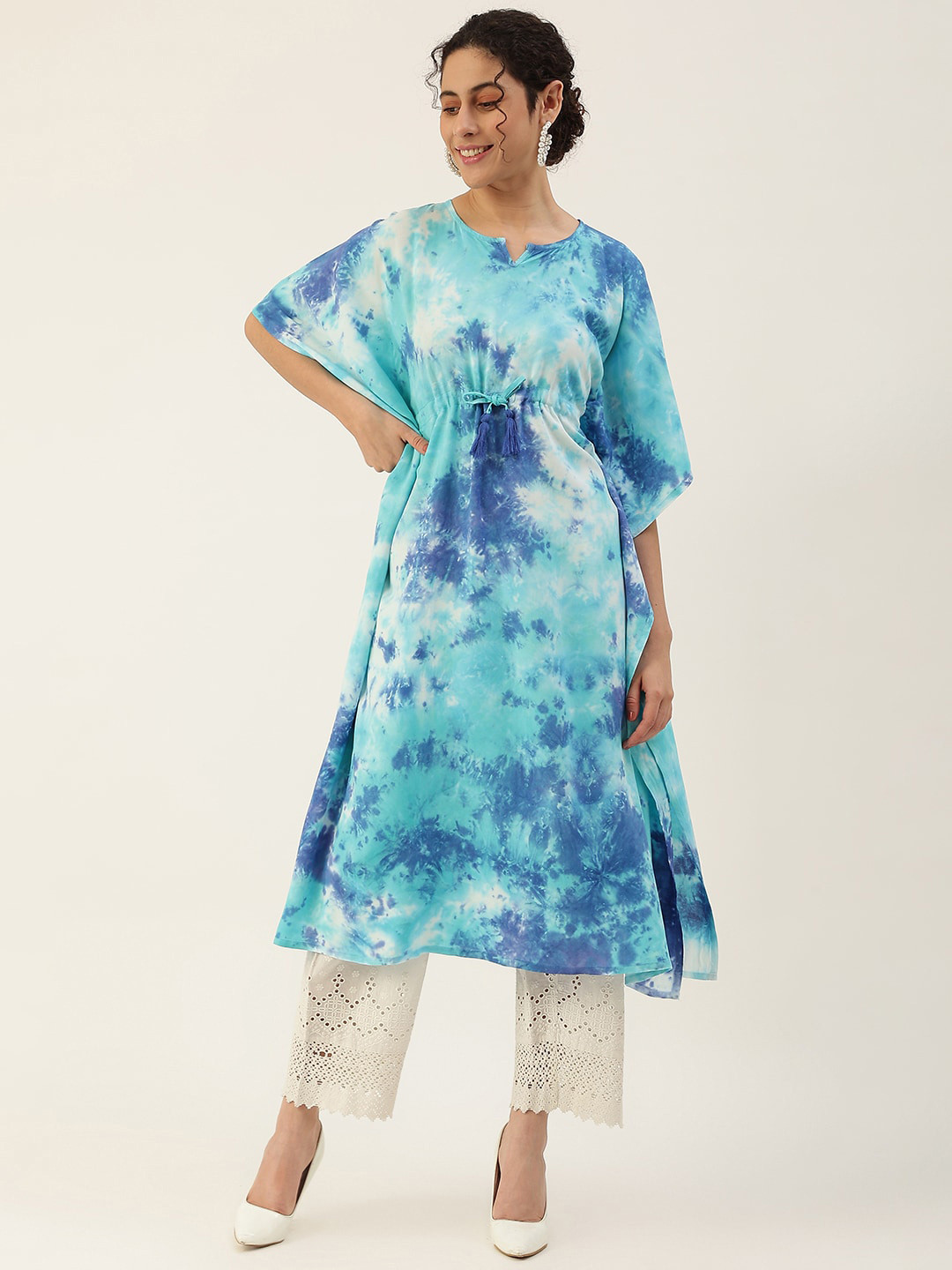 Maaesa Women Sea Green Dyed Flared Sleeves Crepe Kaftan Kurta