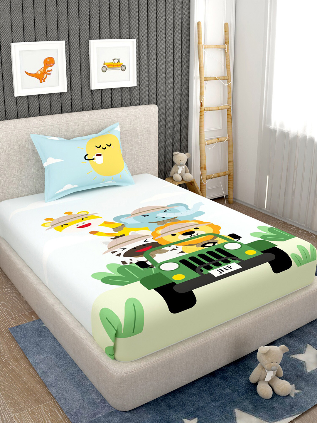 EverHOME White Animal Cotton 160 TC Fitted Single Bedsheet with a Pillow Cover-59 x 88 inches