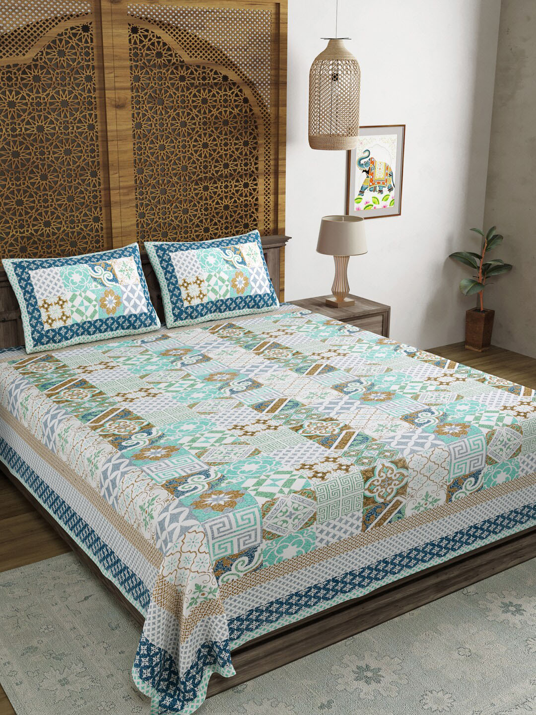 BLOCKS OF INDIA Blue Ethnic Motifs Cotton 210 TC King Fine Bedsheet with 2 Pillow Covers-228.6 x 274.32 cm