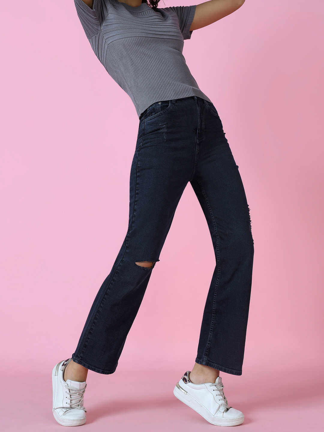 SHOWOFF Women Navy Blue Wide Leg Stretchable Jeans