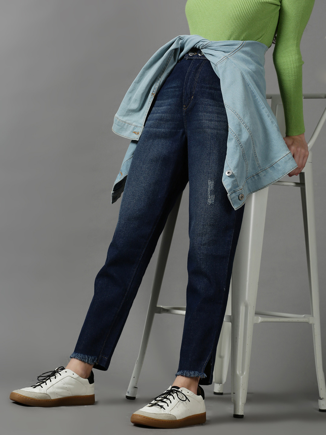 SHOWOFFFF Women Navy Blue Boyfriend Fit High-Rise Low Distress Light Fade Stretchable Jeans