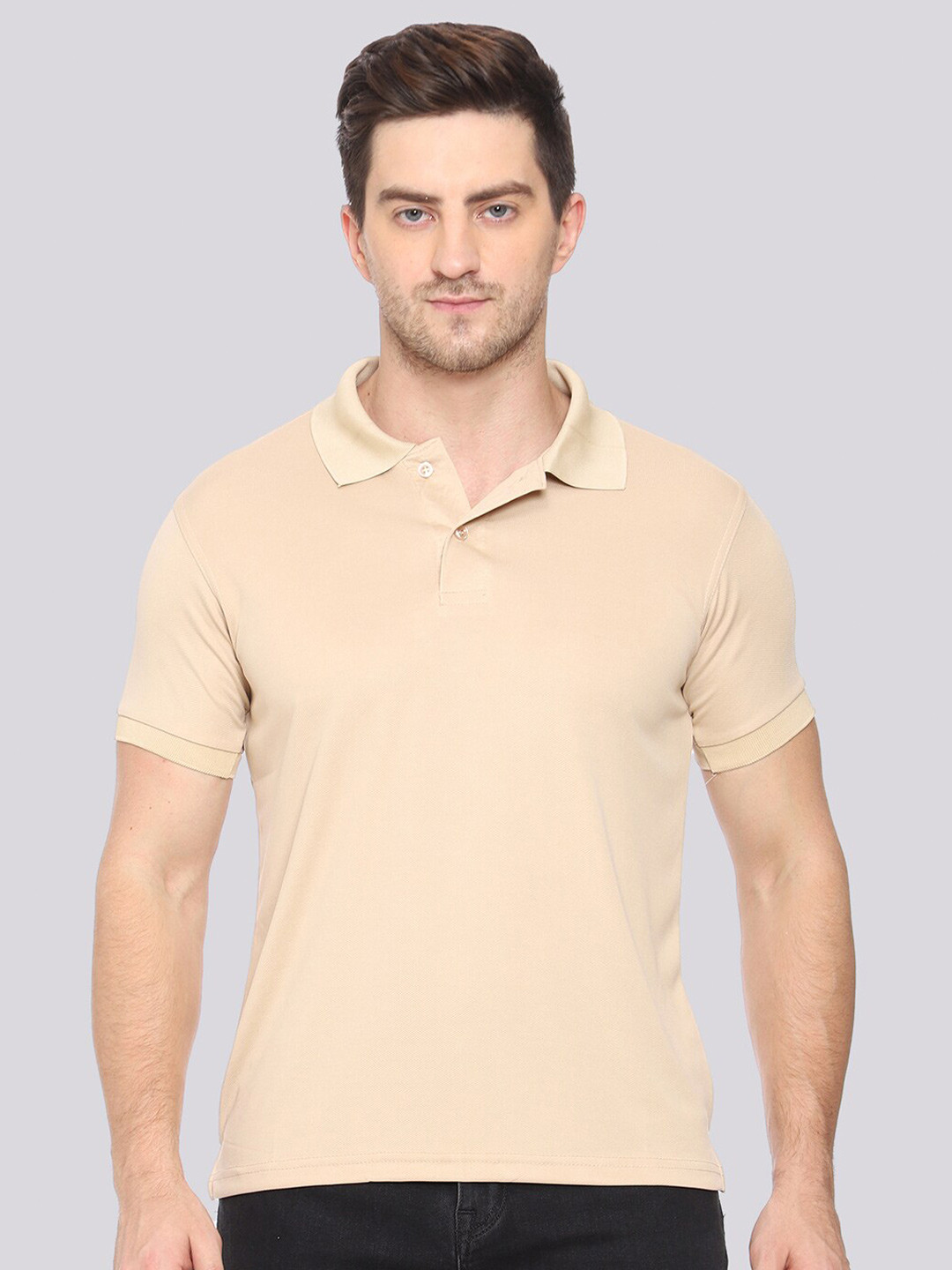 TEEMOODS Men Beige Polo Collar Dri-FIT T-shirt