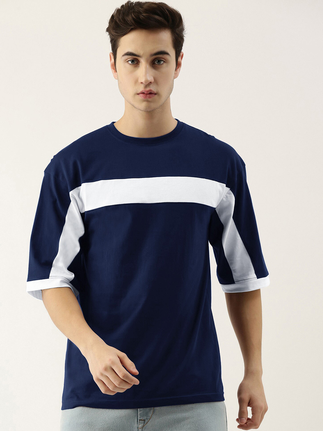 Maniac Men Navy Blue & White Colourblocked Drop-Shoulder Sleeves Boxy T-shirt