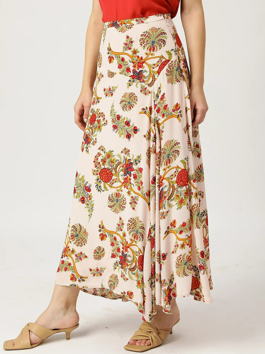 Marks & Spencer Women Cream & Red Printed Maxi Skirt