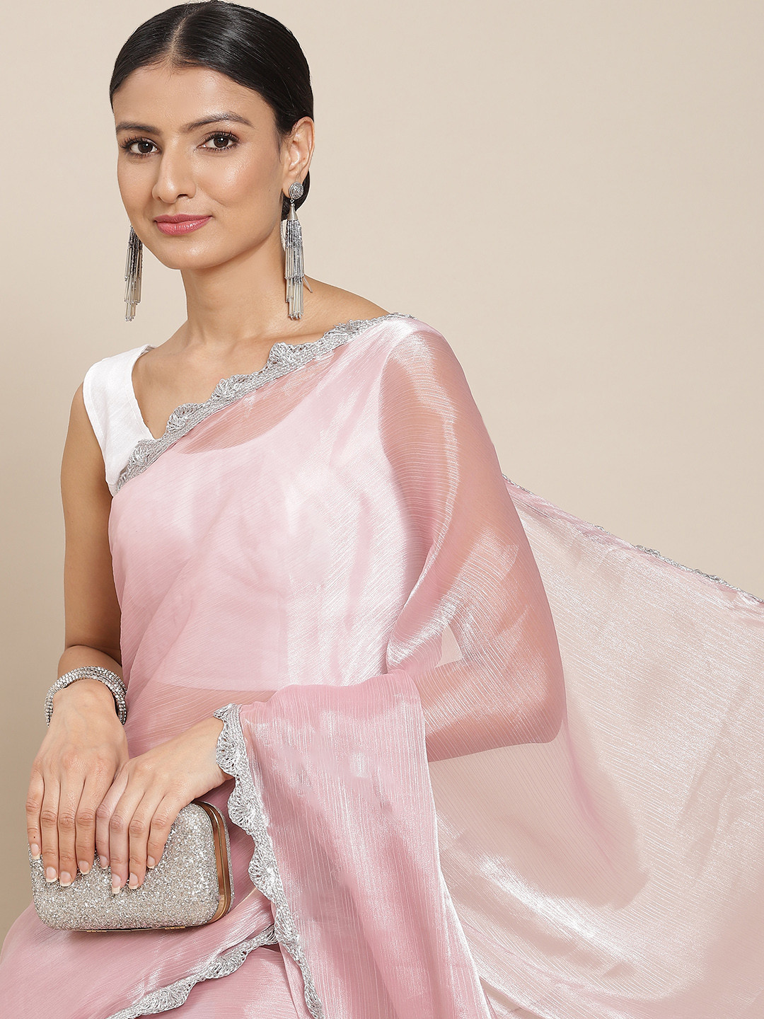 Tikhi Imli Pink Solid Embellished Border Saree