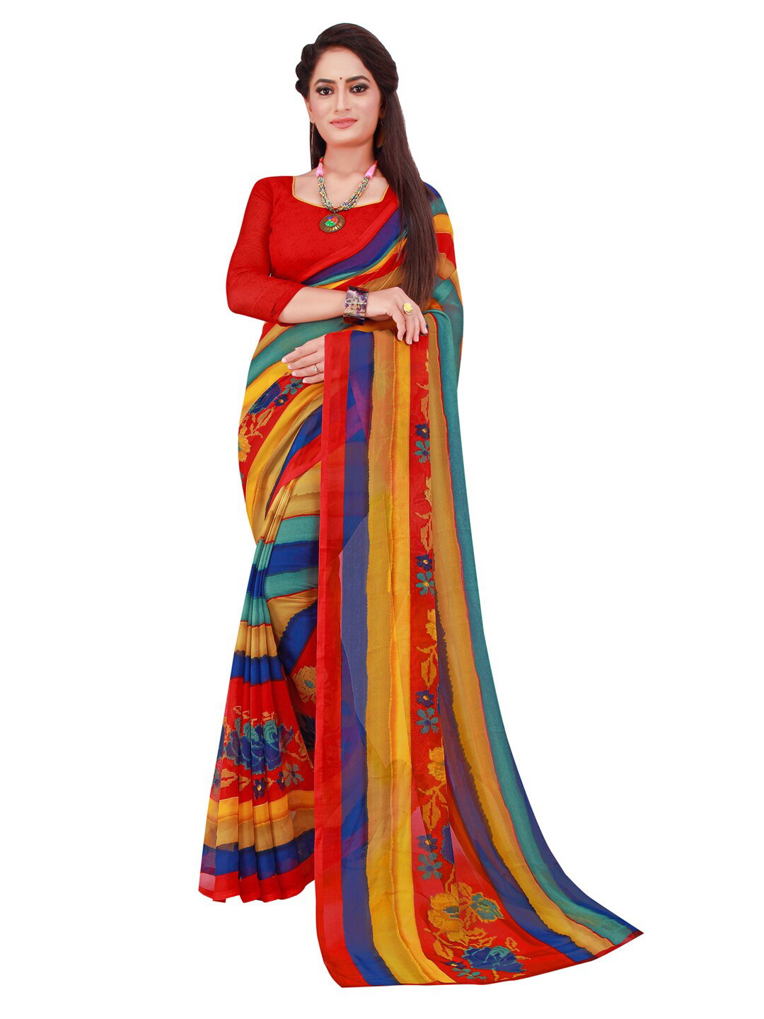 Silk Bazar Blue & Red Striped Pure Georgette Saree