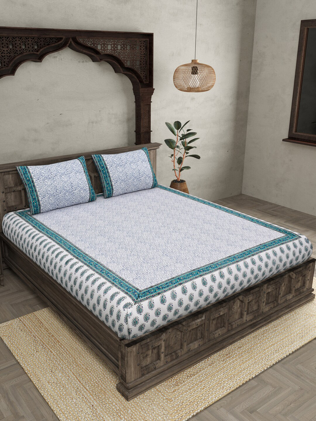 JAIPUR FABRIC F05-E7 Blue Paisley Cotton 240 TC Queen Fine Bedsheet with 2 Pillow Covers-90 x 100 inches