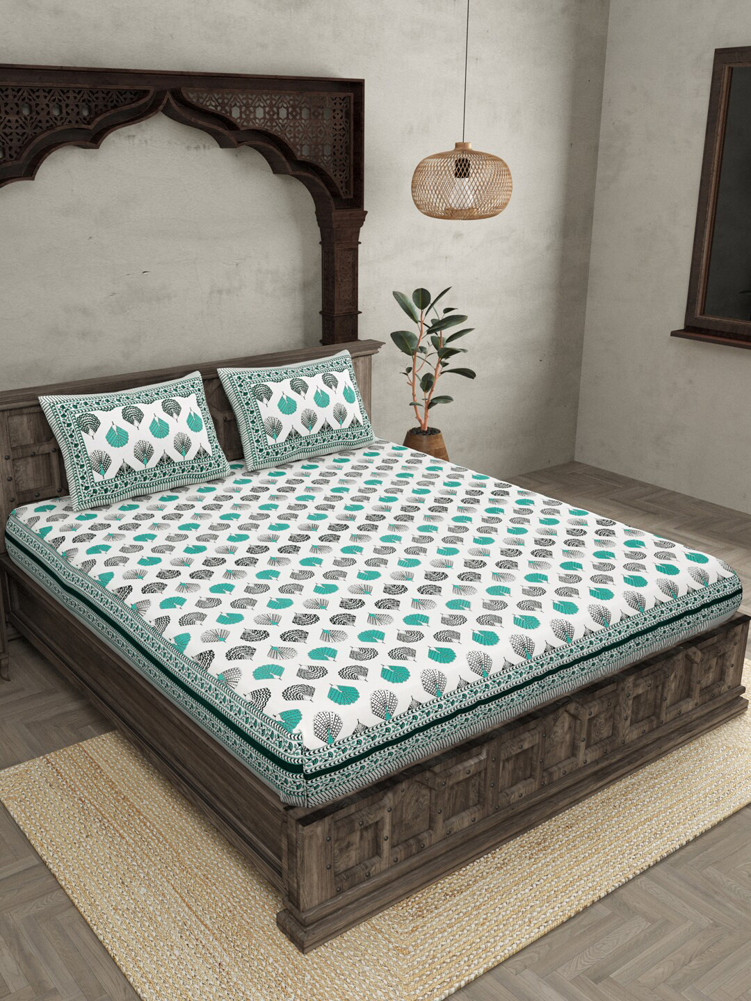 JAIPUR FABRIC Morr Pankh Green Ethnic Motifs Cotton 240 TC Queen Fine Bedsheet with 2 Pillow Covers-108 x 90 inches