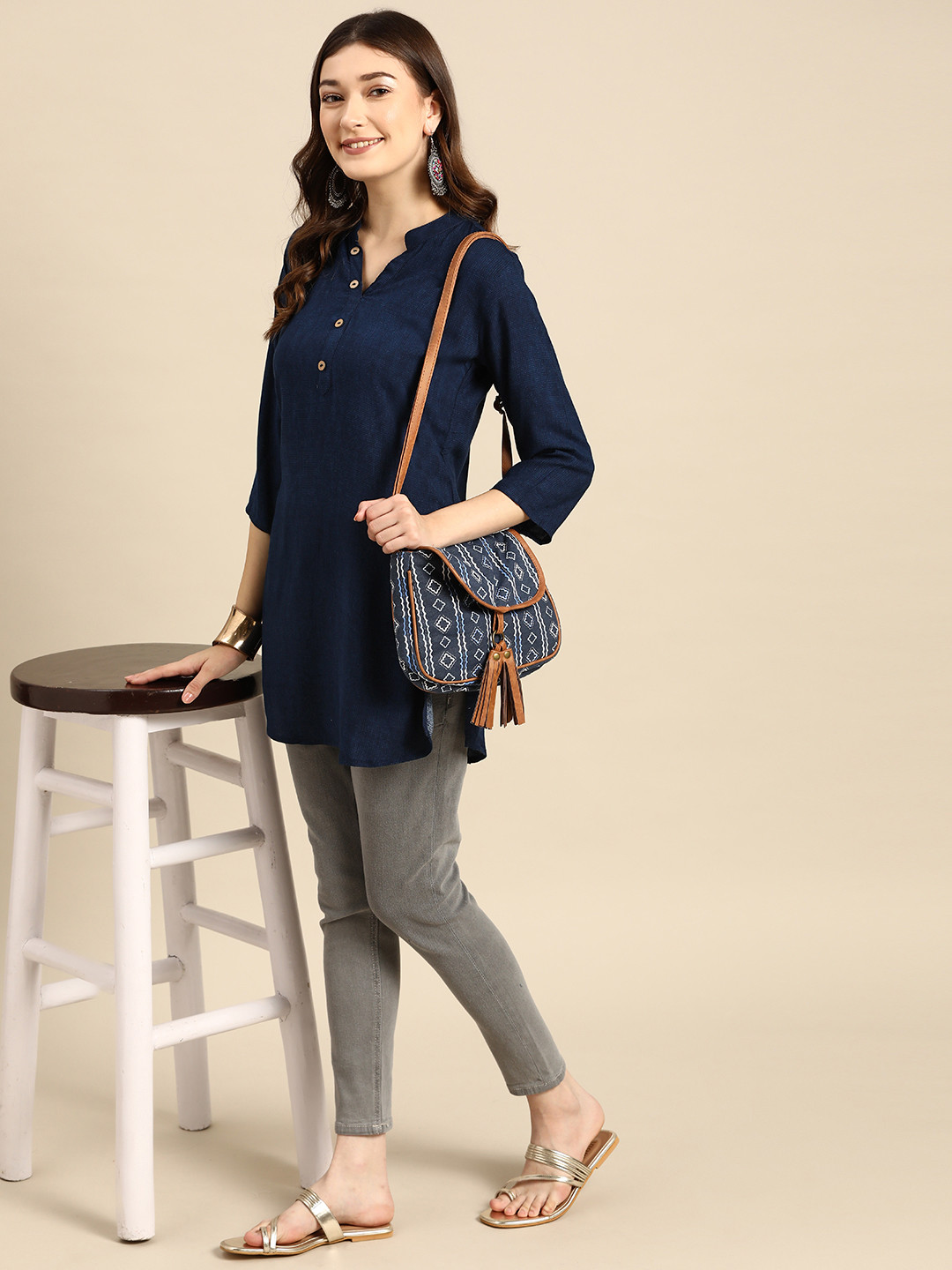 Sangria Navy Blue Printed Short Kurti