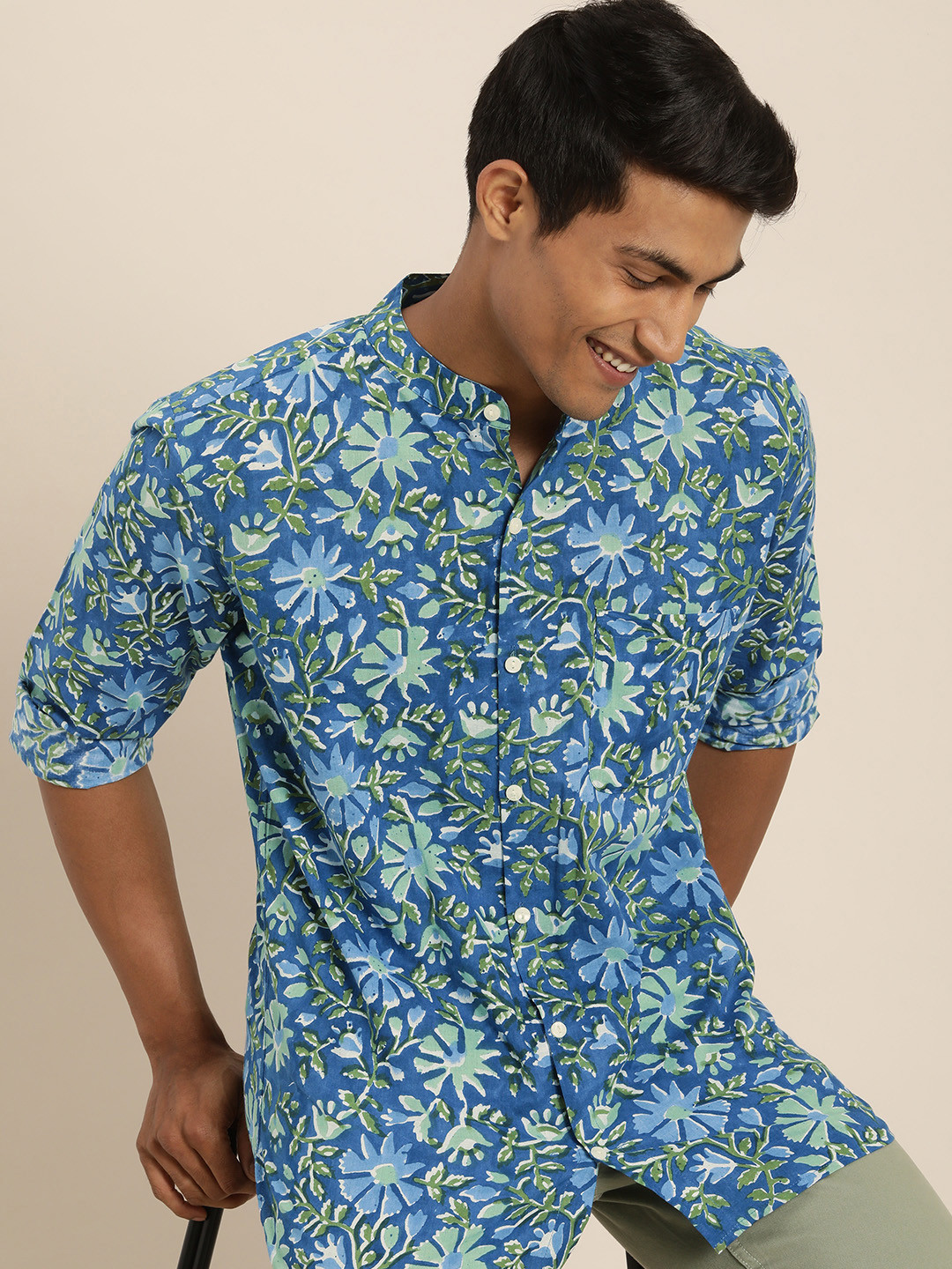 Taavi Men Navy Blue & Green Hand Block Printed Cotton Casual Shirt