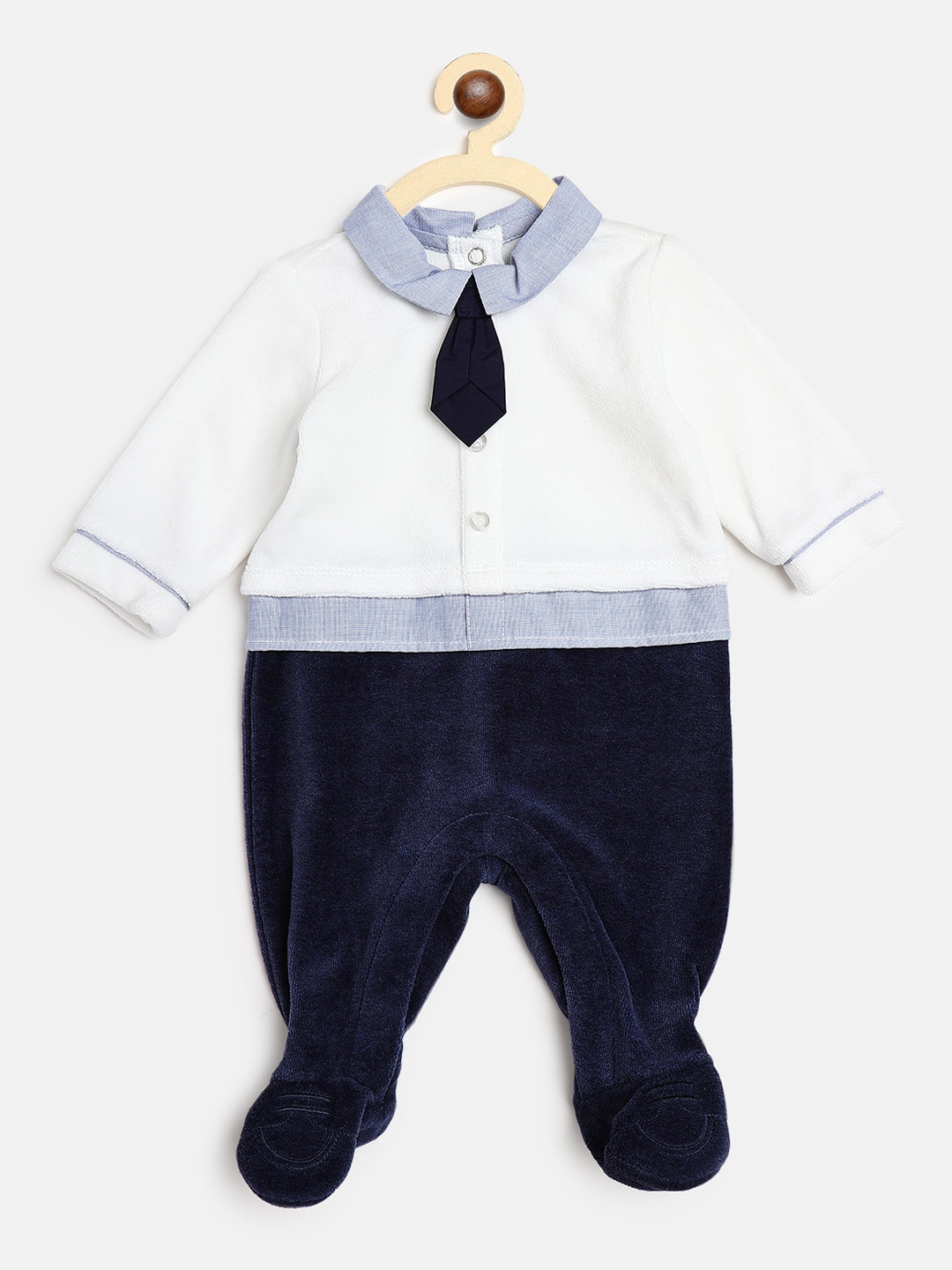 Chicco Infant Boys White & Blue Solid Formal Look Sleepsuit