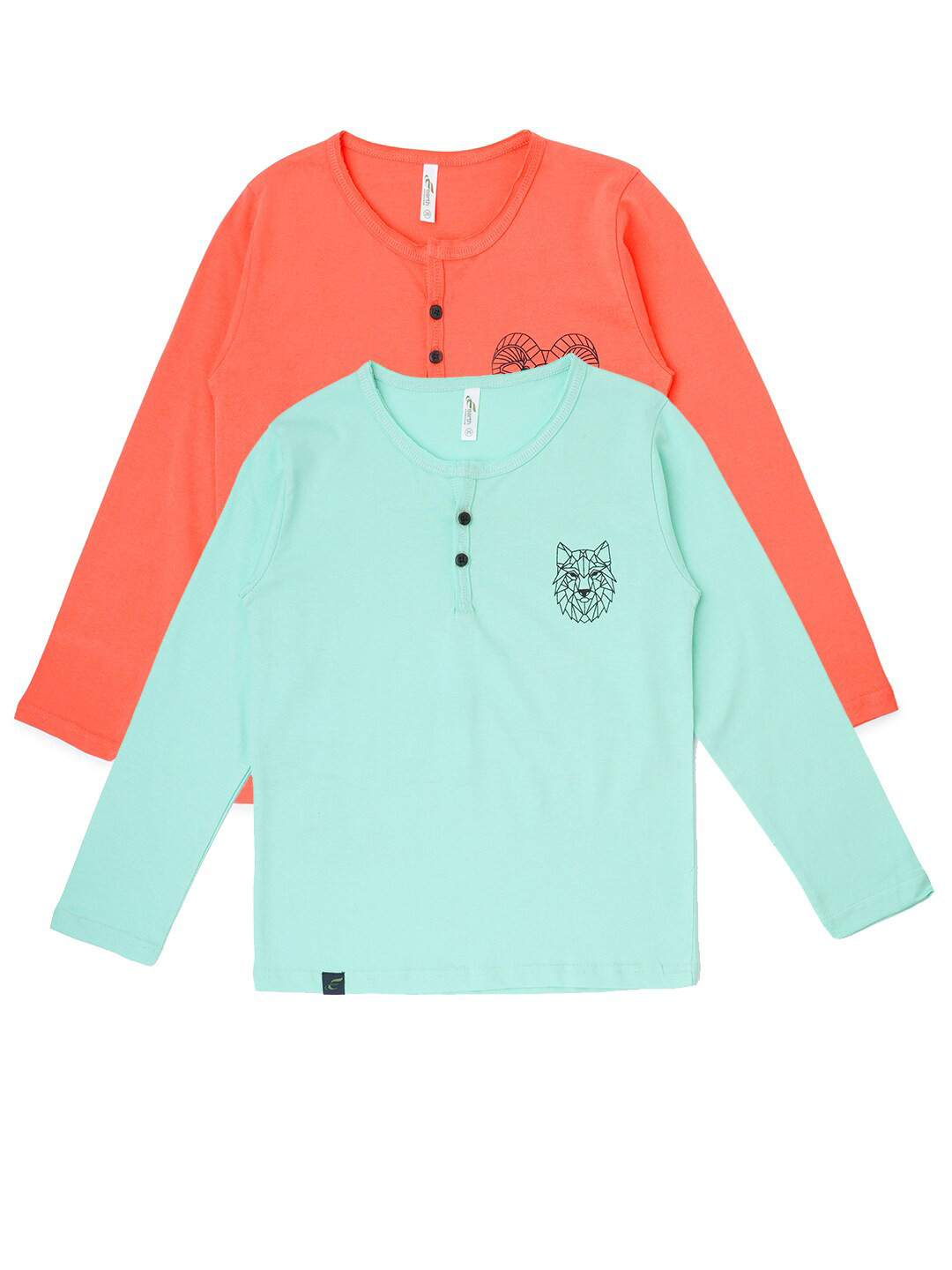 earth conscious Boys Pack Of 2 Sea Green & Orange Printed Henley Neck Cotton T-shirt