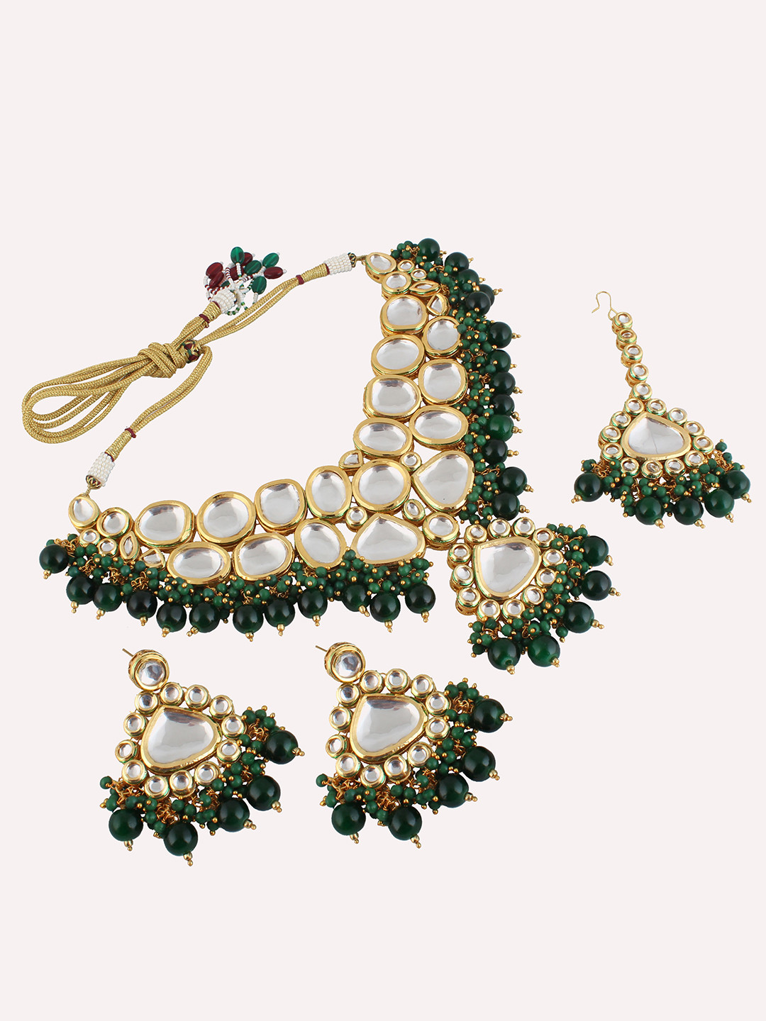 LUCKY JEWELLERY Gold-Plated Kundan & Green Beads Studded Jewellery Set