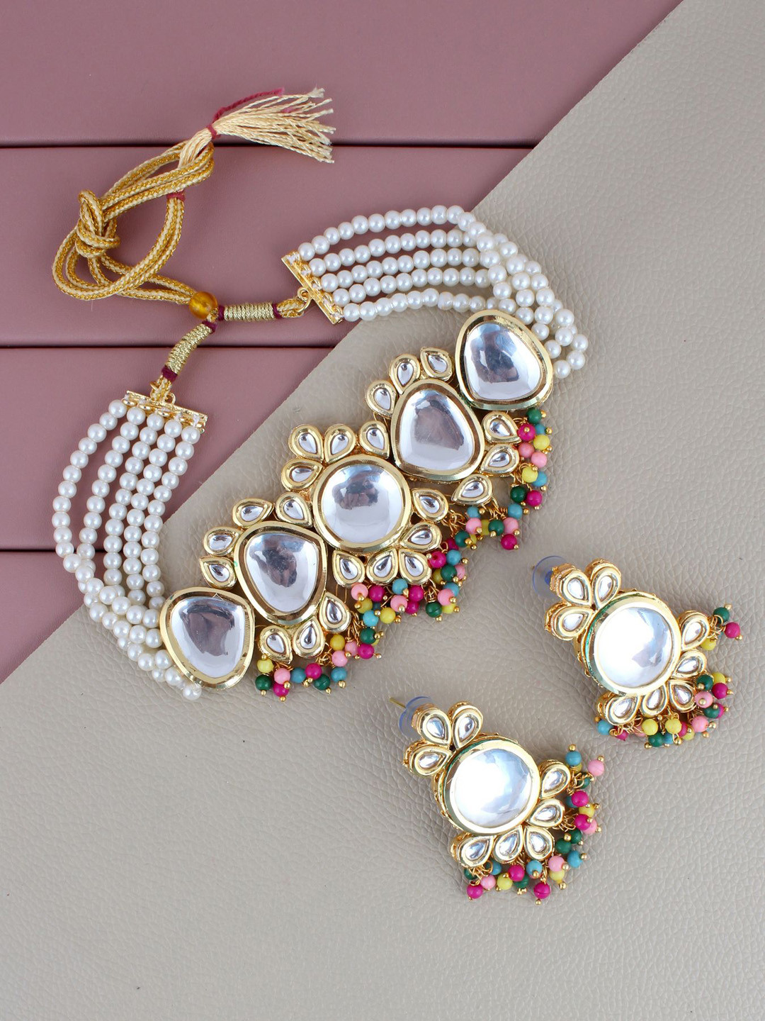LUCKY JEWELLERY 18K Gold-Plated White & Pink Kundan-Studded Meenakari Jewellery Set