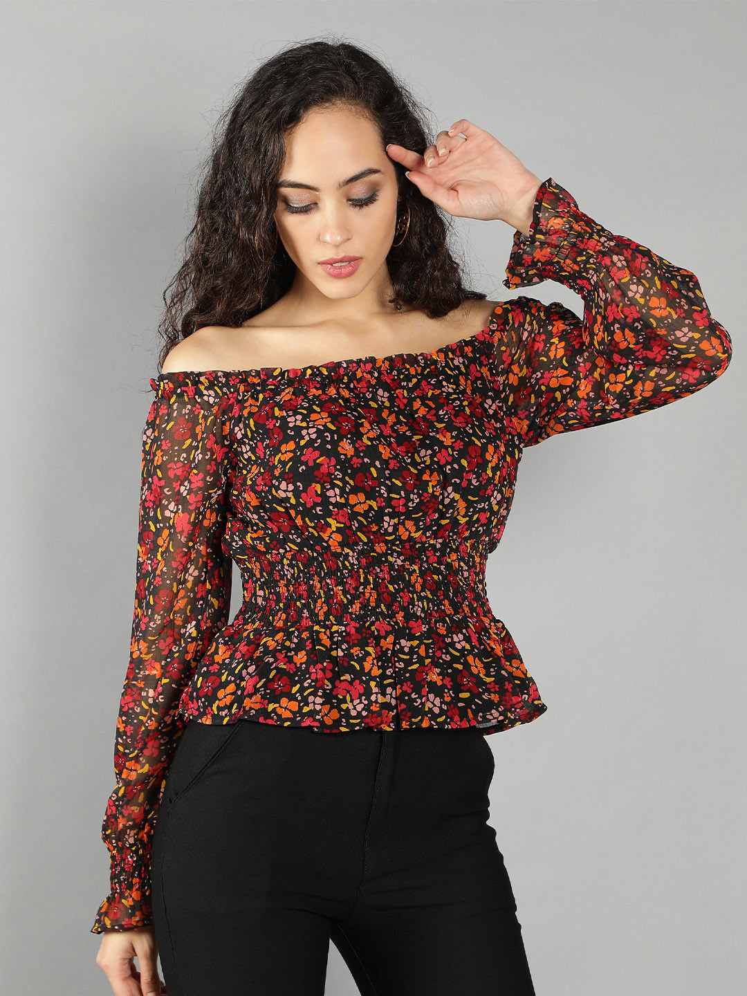 DEBONATELLA Black & Red Floral Print Off-Shoulder Bohemian Crepe Bardot Top