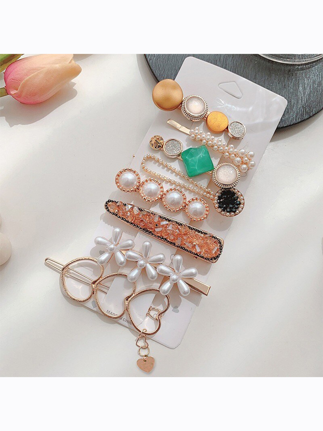 Pinapes Women White & Green Embellished Set of 16 Hair Accessory