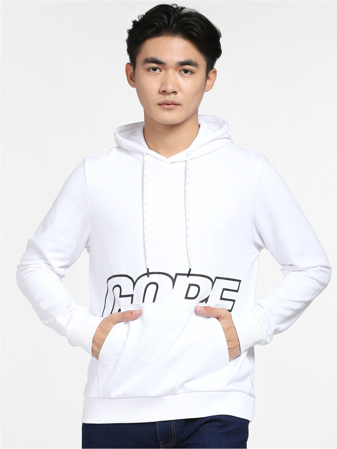 Jack & Jones Men White Printed Hooded Jjco Lucos LS S Sweatshirt
