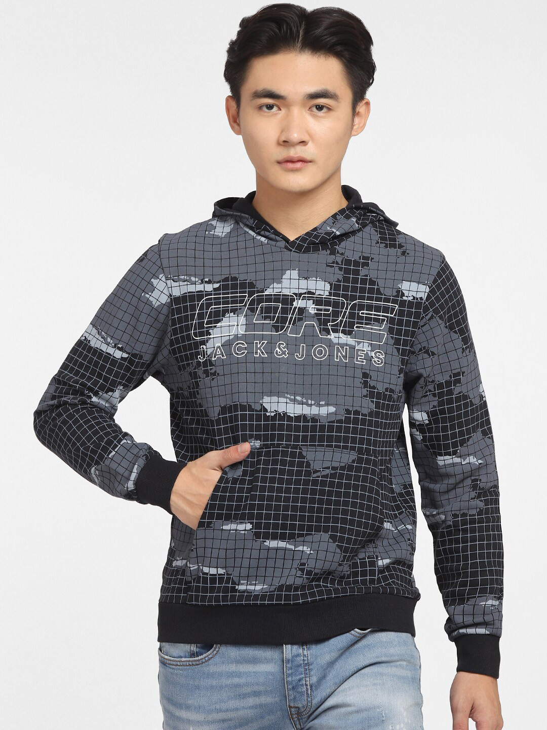 Jack & Jones Men Black & Grey Printed Hooded Cotton Sweatshirt