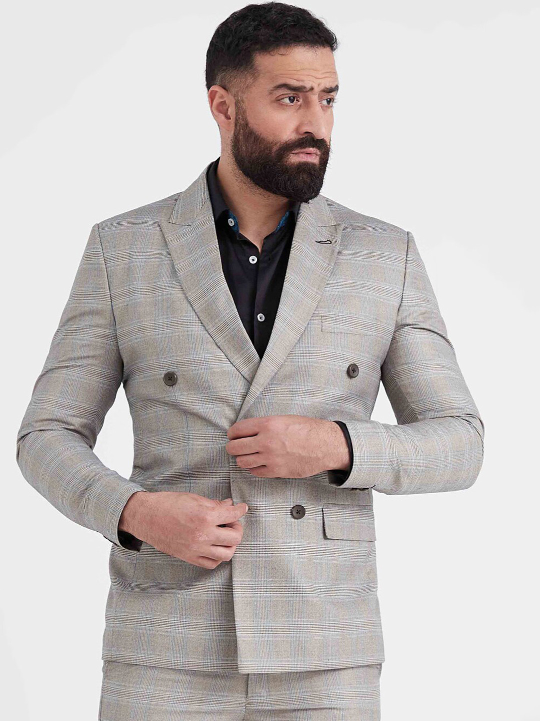 MR BUTTON Men Grey Checked Slim-Fit Double Breasted Blazer