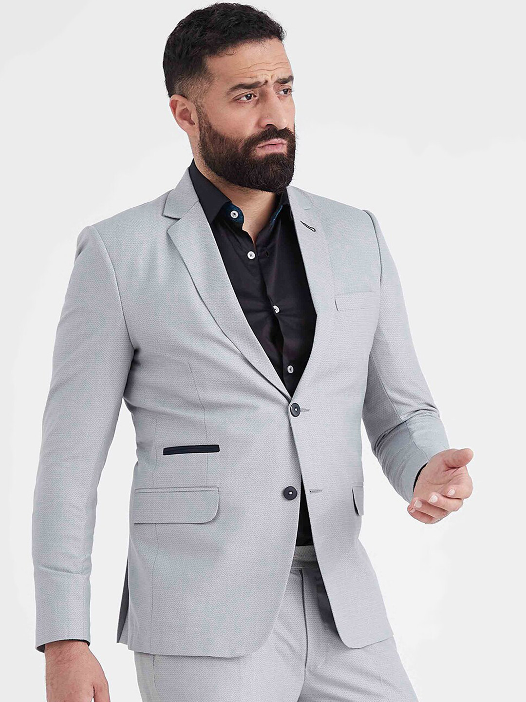 MR BUTTON Men Grey Solid Single Breasted Slim-Fit Blazer