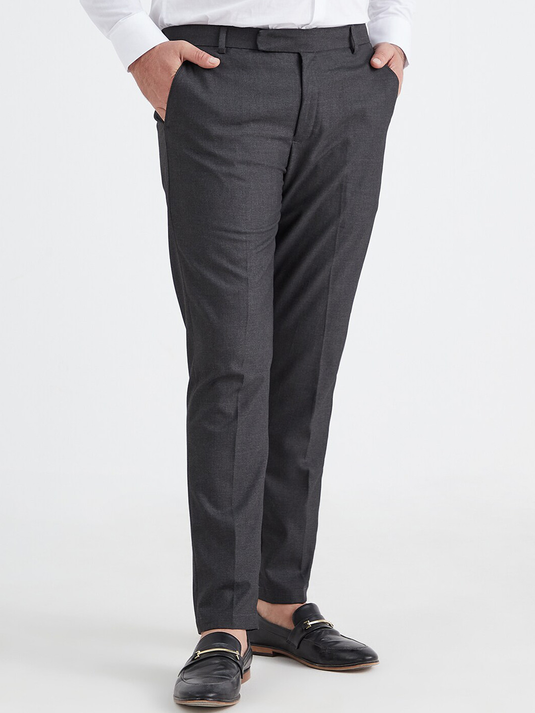 MR BUTTON Men Grey Slim Fit Formal Trousers