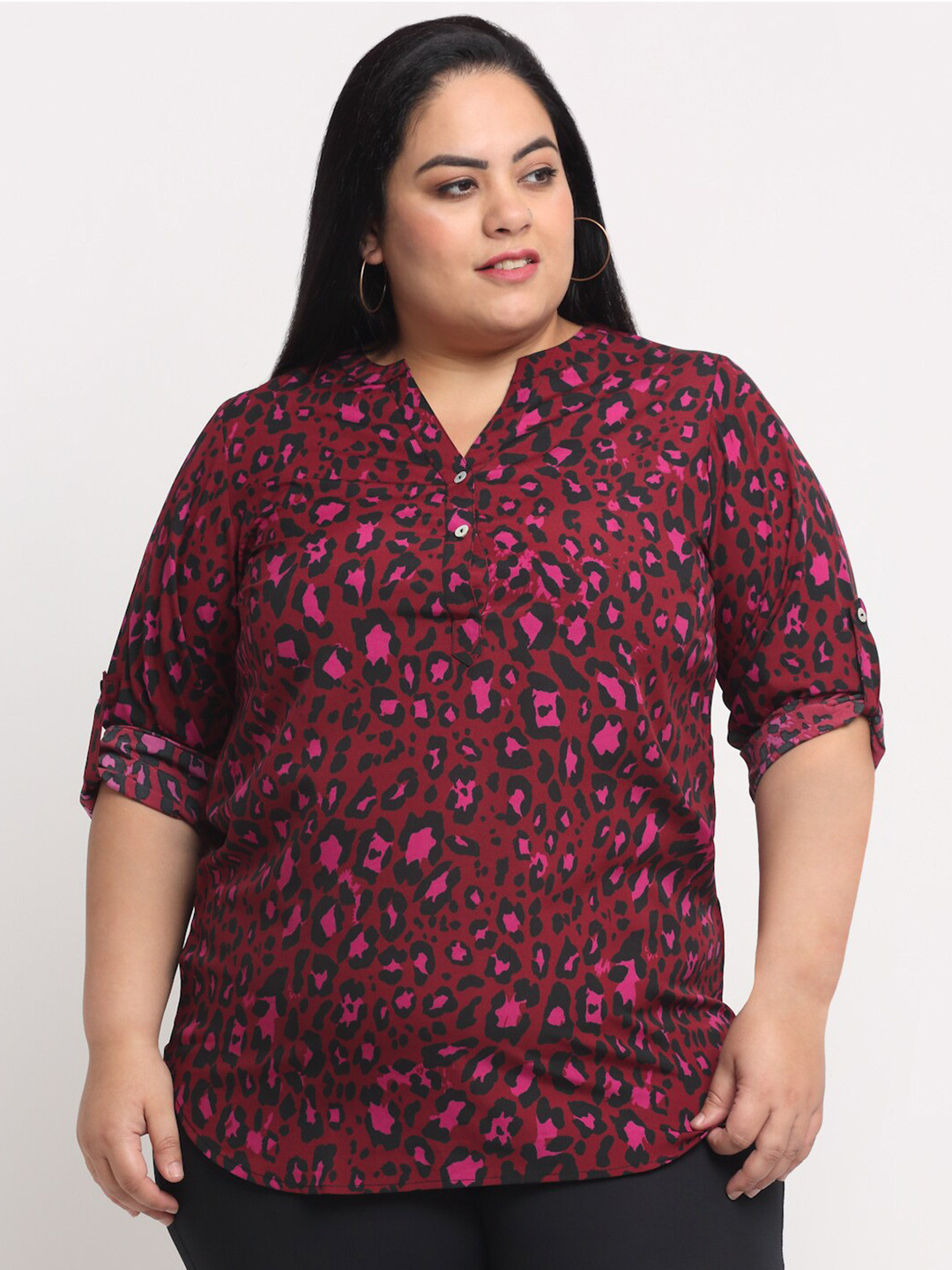 plusS Red Floral Print Mandarin Collar Shirt Style Top