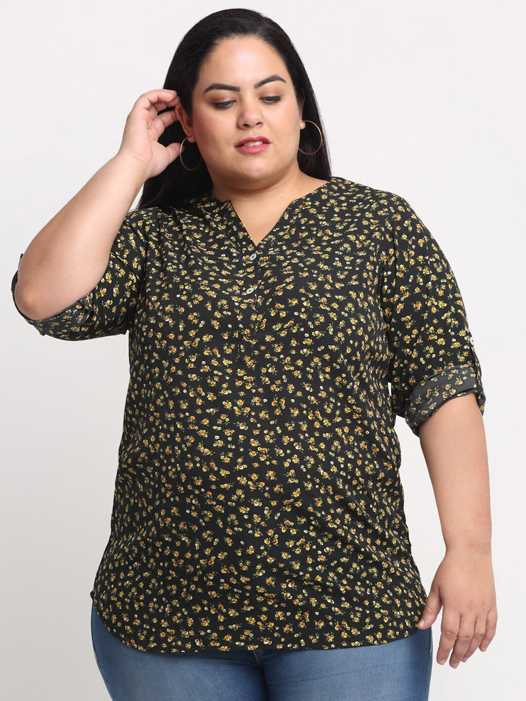 plusS Women Plus Size Black & Yellow Floral Printed Top