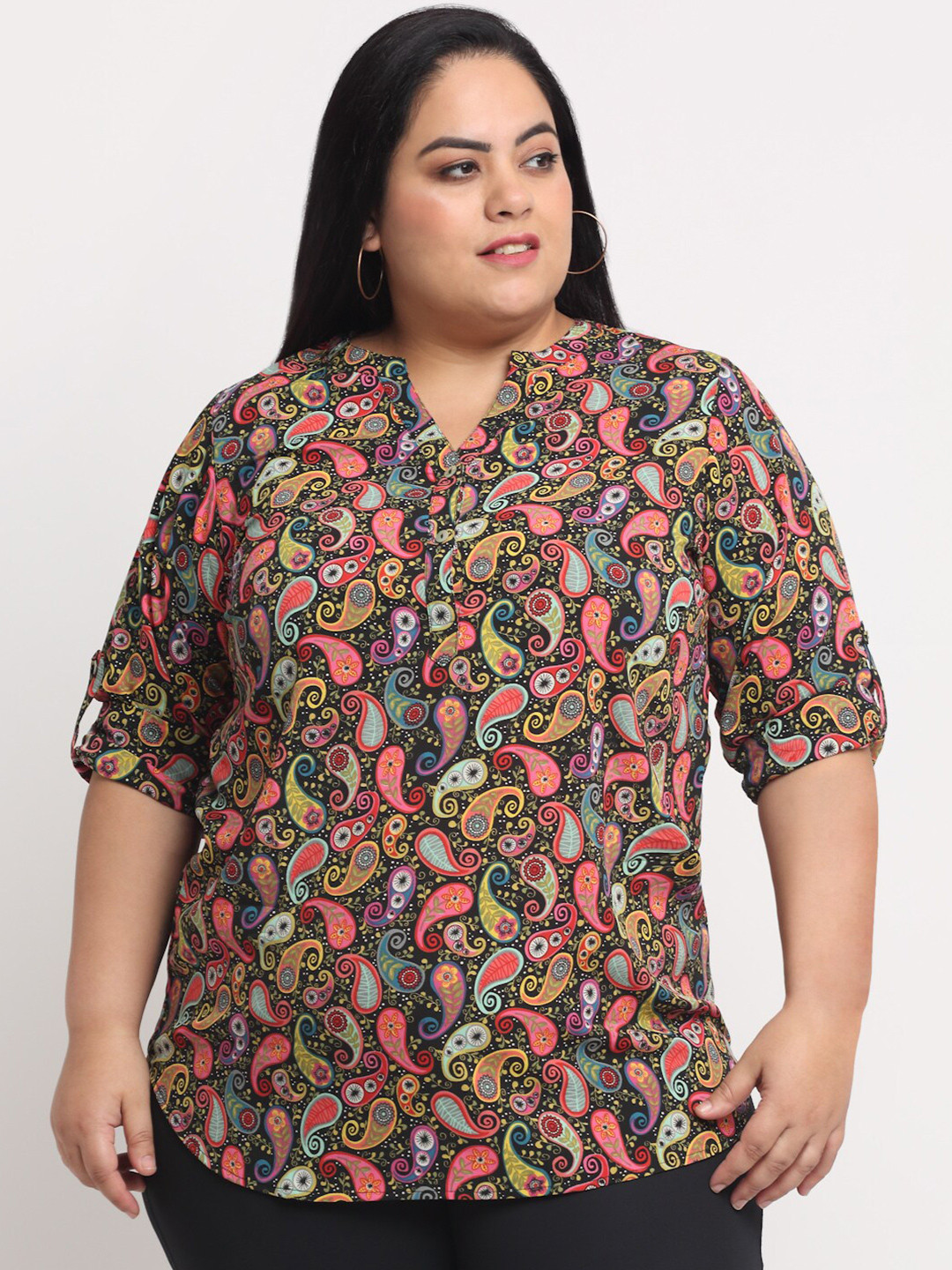 plusS Size Women Multicoloured Print Mandarin Collar Roll-Up Sleeves Top