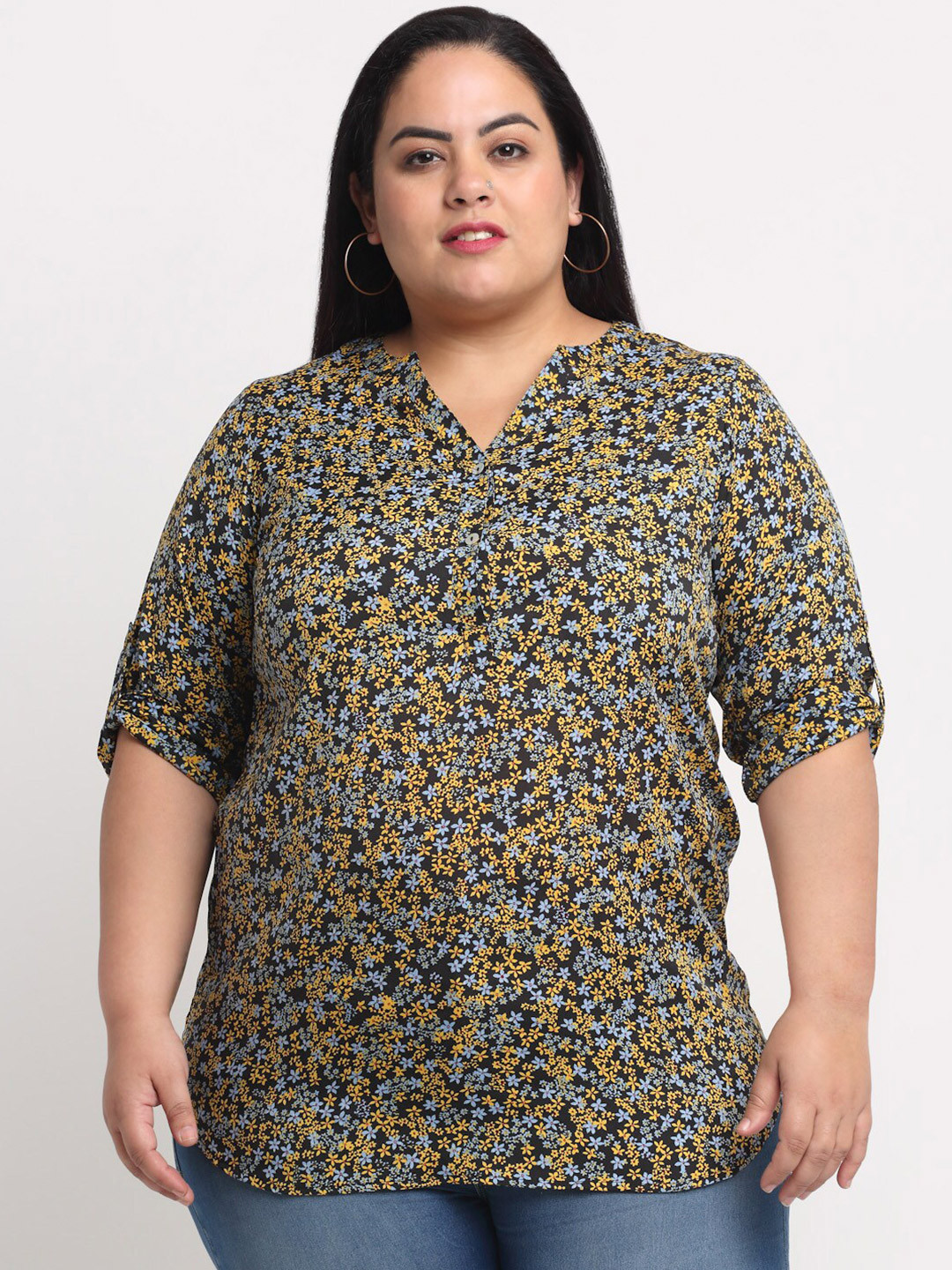 plusS Black & Yellow Plus Women Floral Print Shirt Style Top