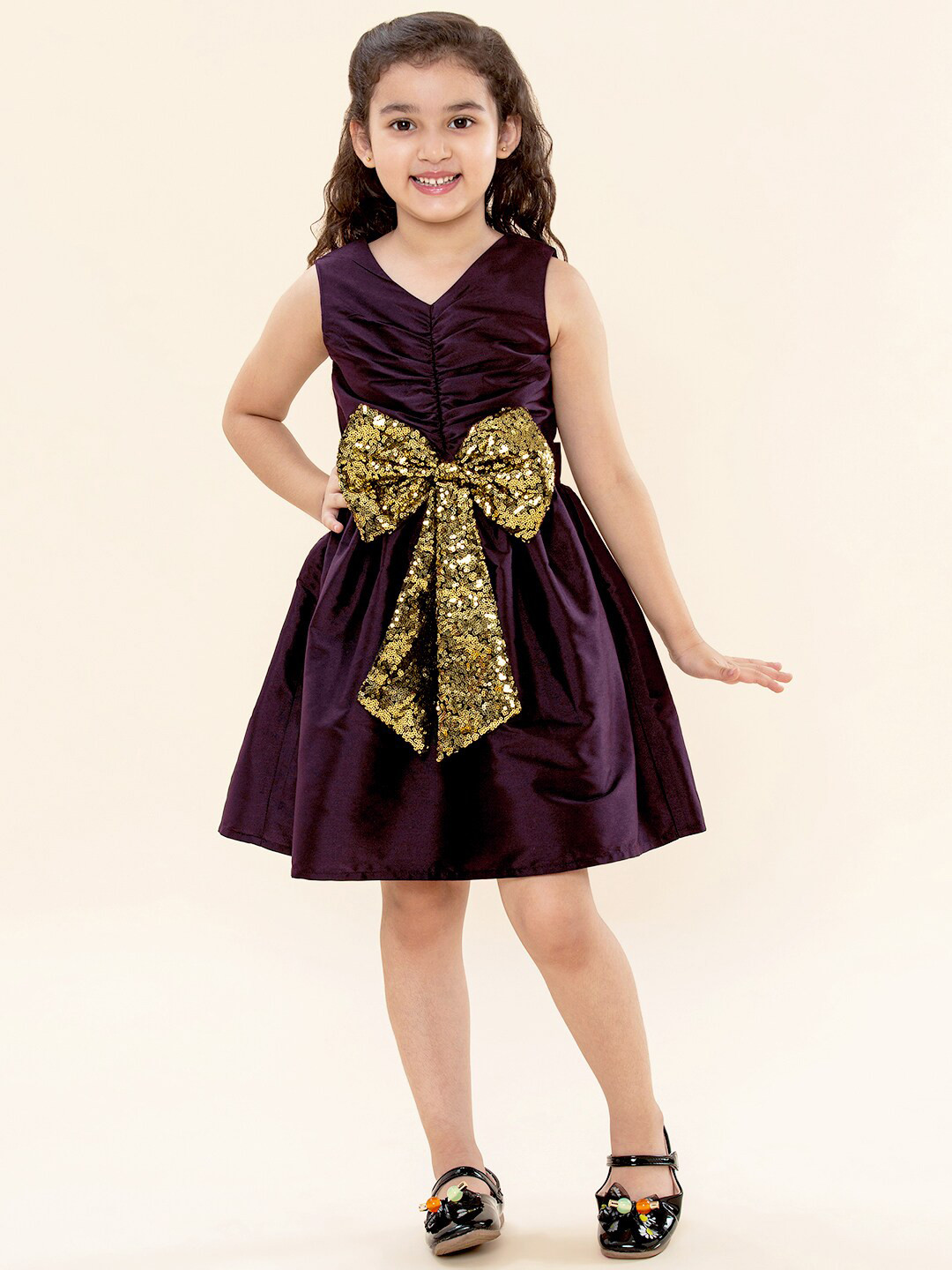 A T U N Burgundy & Gold-Toned Sequined Party Dress