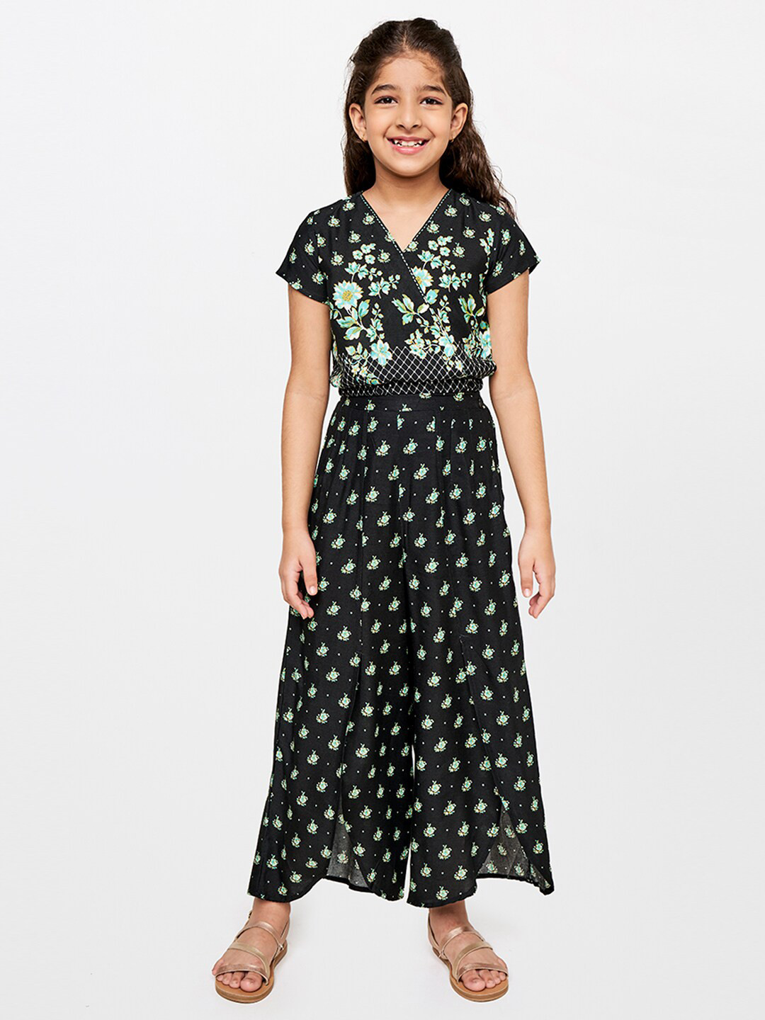 Global Desi Girls Black & Green Printed Top with Palazzo