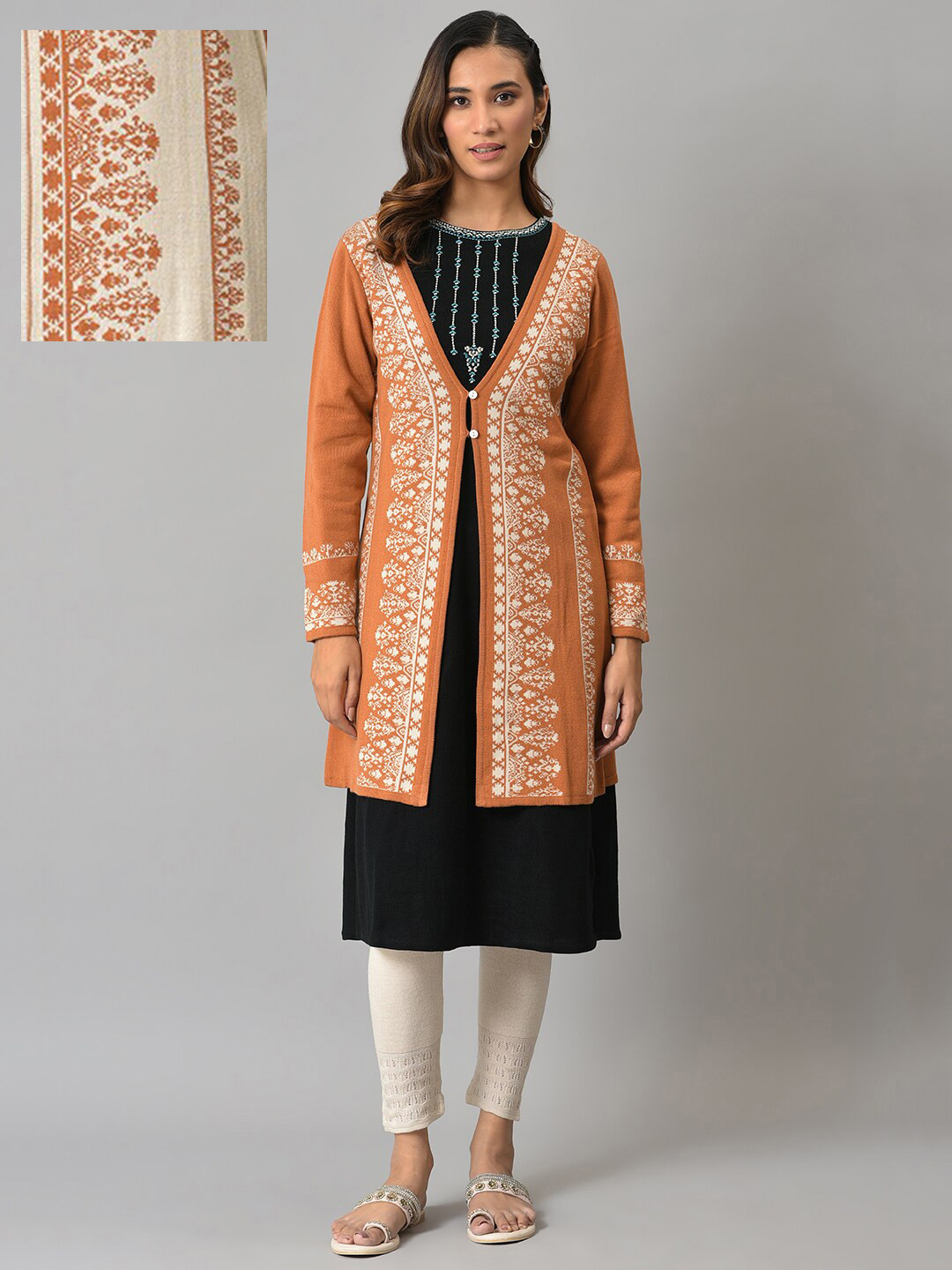 W Women Orange & White Floral Printed Longline Cardigan