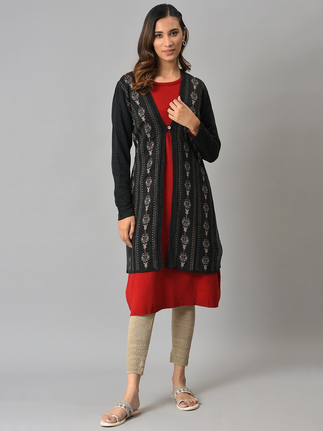W Women Grey & Off White Floral Printed Longline Cardigan
